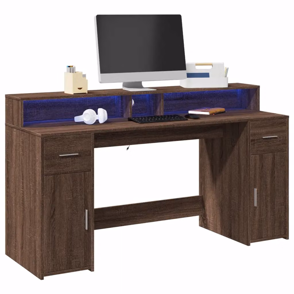 Scrivania da gaming moderna vidaXL con luci LED in colore marrone rovere, L: 160 cm, P: 55 cm, H: 91 cm