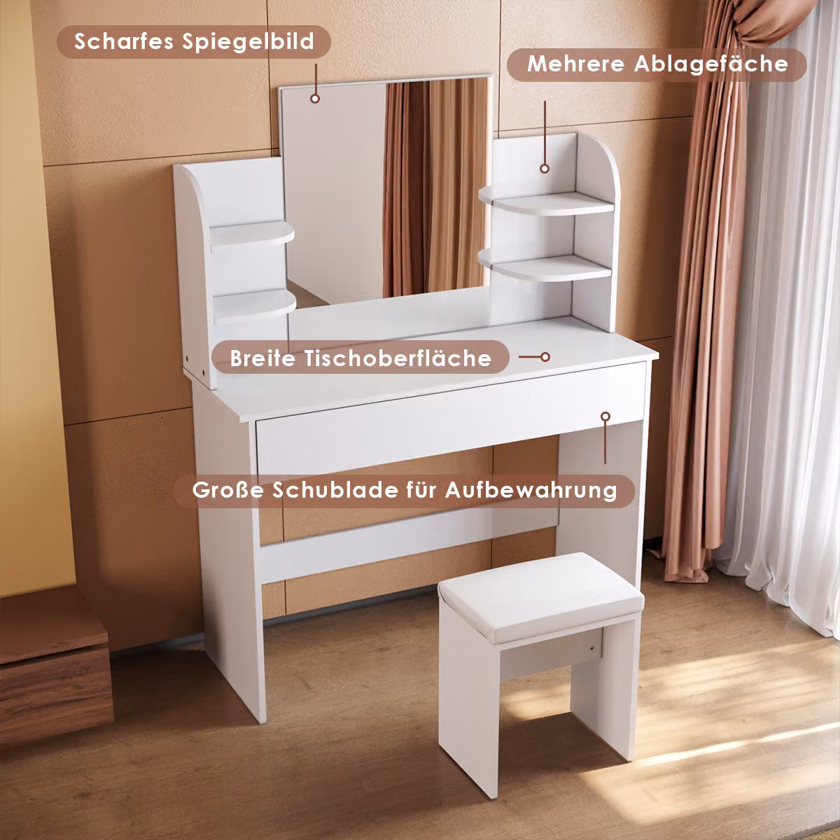 SONNI Toeletta bianca 108×40×140 cm con specchio e sgabello