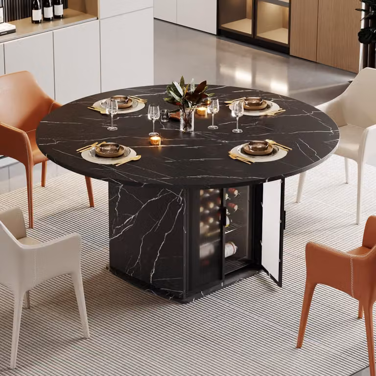 Tavolo rotondo da pranzo, diametro 119,4 cm, piano in materiale composito nero, con vano portafrigo, per 4-6 persone.