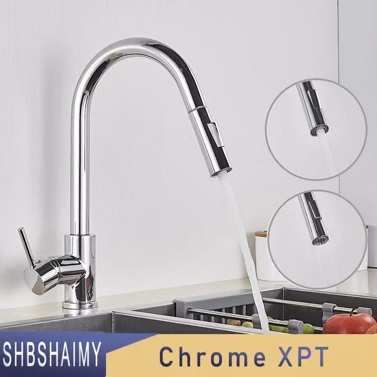 Rubinetto da cucina - Doccetta estraibile - Orientabile a 360° - Monocomando - Montaggio a incasso a 1 foro - Valvola in Vetroceramica - Corpo in ottone - Cromo spazzolato