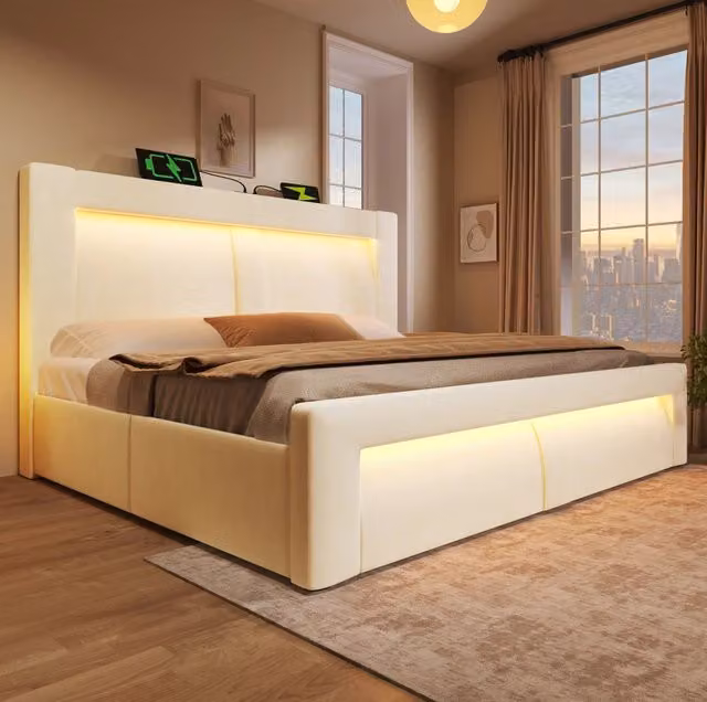 Letto matrimoniale 160x200 cm con contenitore; LED e ricarica USB; velluto beige (Senza materasso)