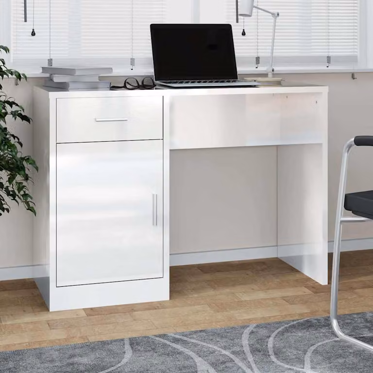 Scrivania da ufficio moderna vidaXL con cassetto, finitura bianco lucido, L 100 cm x P 40 cm x H 73 cm