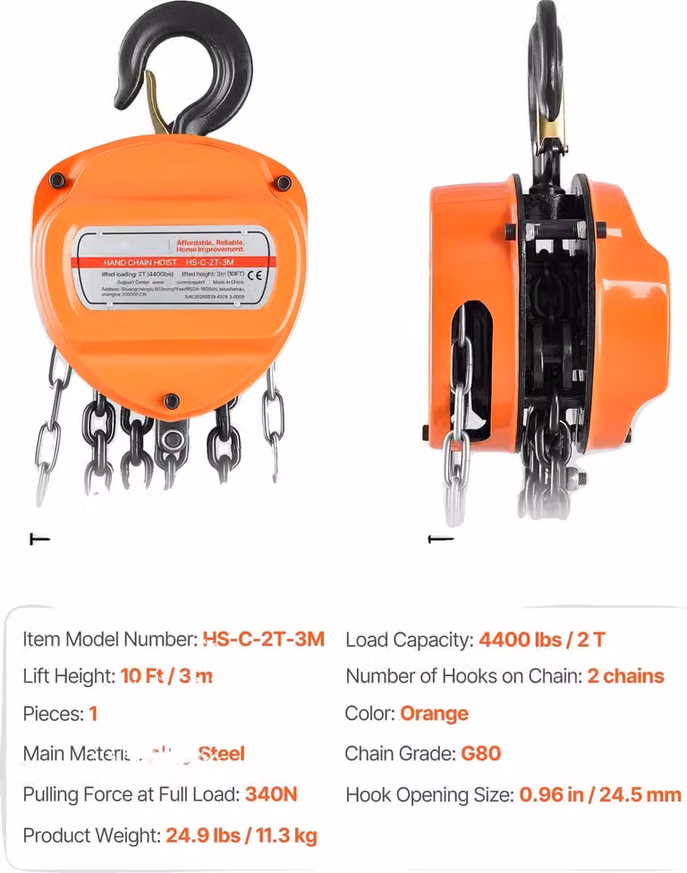 Paranco a catena manuale, elevata capacità di carico, sistema frenante di sicurezza, 2T 10FT