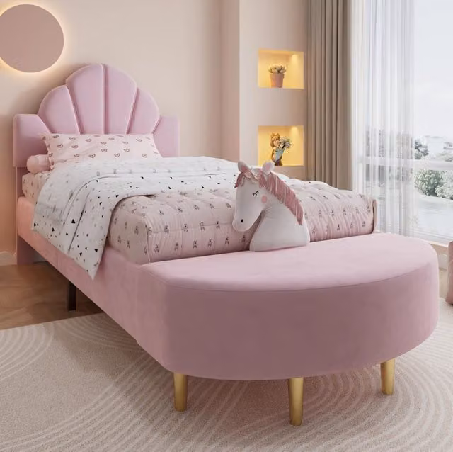 Letto imbottito singolo rosa 90x200 cm in velluto con panca coordinata
