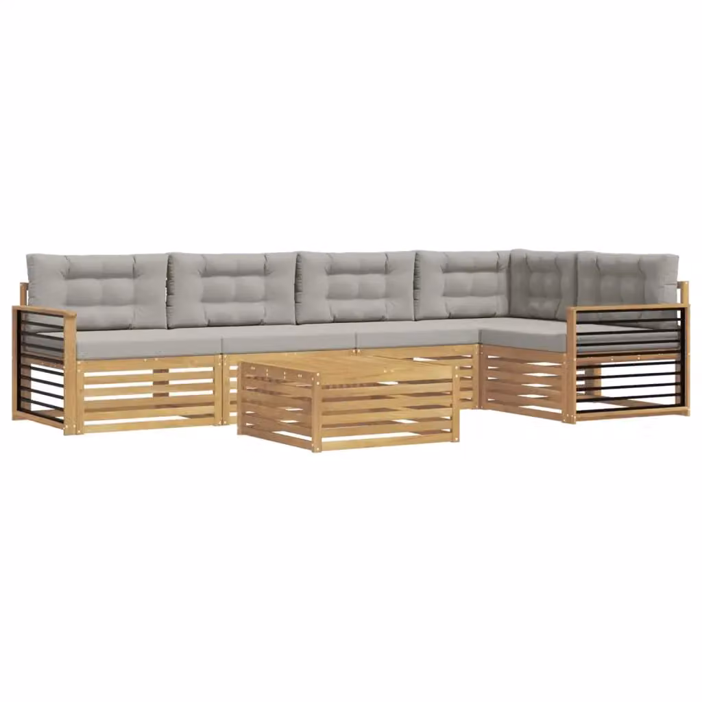 Set di divani da esterno a L vidaXL in legno di acacia con tavolo da caffè, colore bianco e grigio, composto da 6 pezzi con cuscini inclusi – 2
