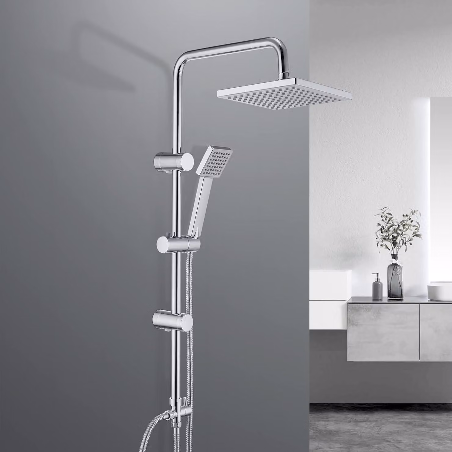 Sistema doccia in acciaio inox - asta doccia idromassaggio regolabile - soffione a pioggia - fori a parete - ABSD2020
