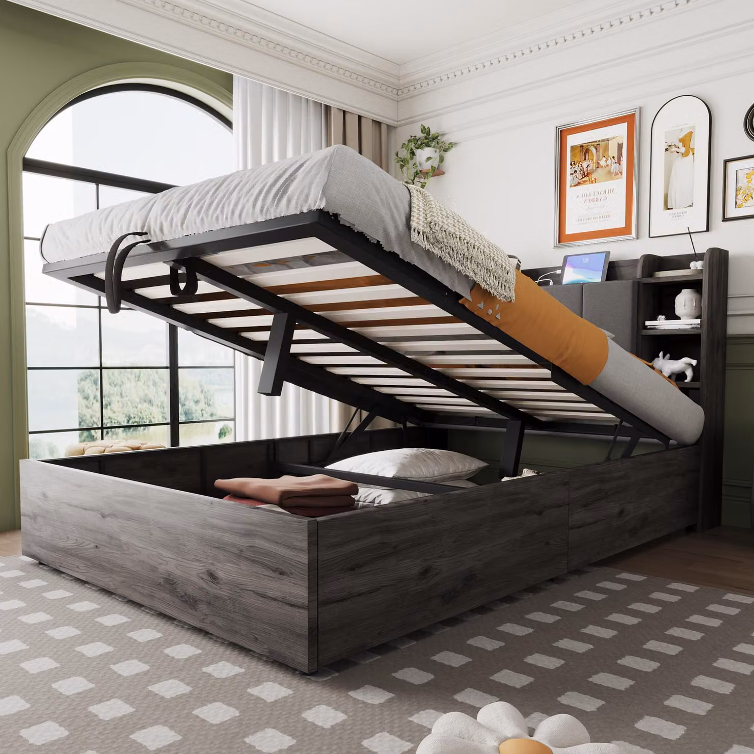 Letto in legno Sweiko, dimensioni 140 x 200 cm, letto idraulico, testata con vano contenitore, dotato di connessione USB e presa Tape-C, letto matrimoniale, letto singolo, grigio (senza materasso)