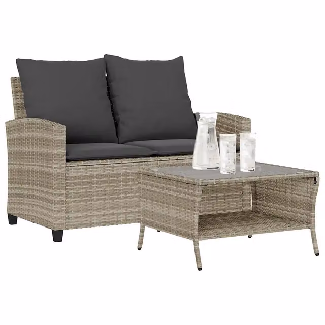 Divano 2 Posti con Cuscini e Tavolo-Sofa 2 Posti con Cuscini e Tavolo Grigio Chiaro Polyrattan