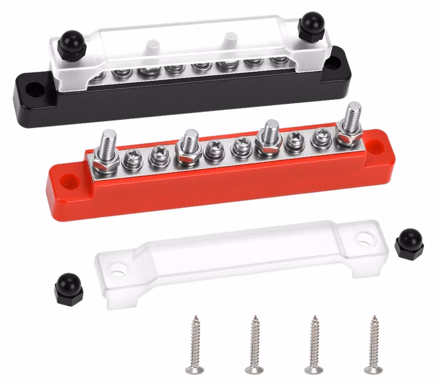 Set di 2 guide di collegamento a 12V - 48V DC, complete di copertura, e un divisore di corrente da 150A