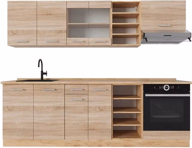 Cucina componibile moderna R-Line Vicco in rovere dorato e marrone, L: 240 cm