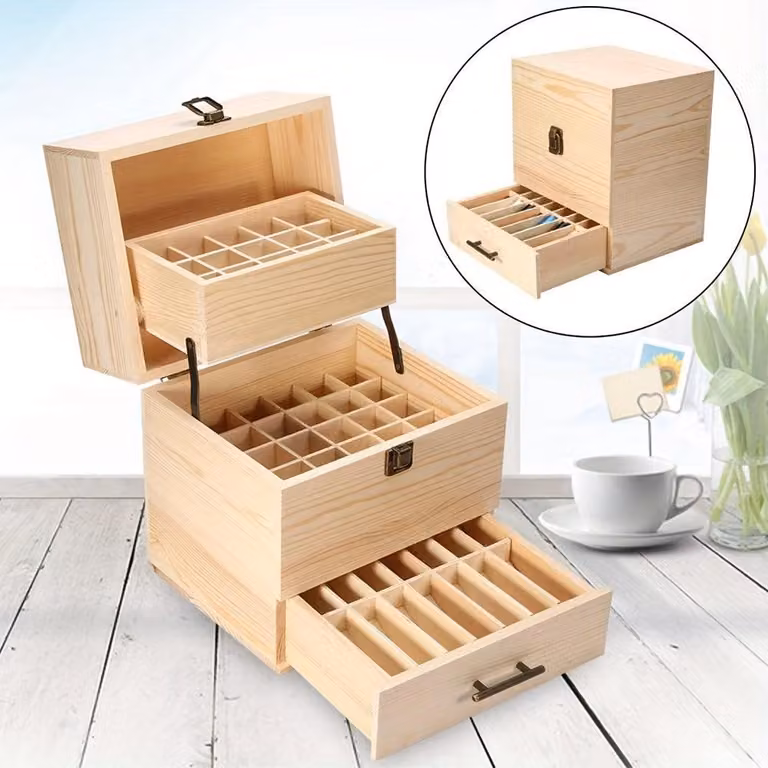 Scatola portaoggetti in legno con 3 cassetti e cerniere dorate, organizer in bambù con 59 scomparti