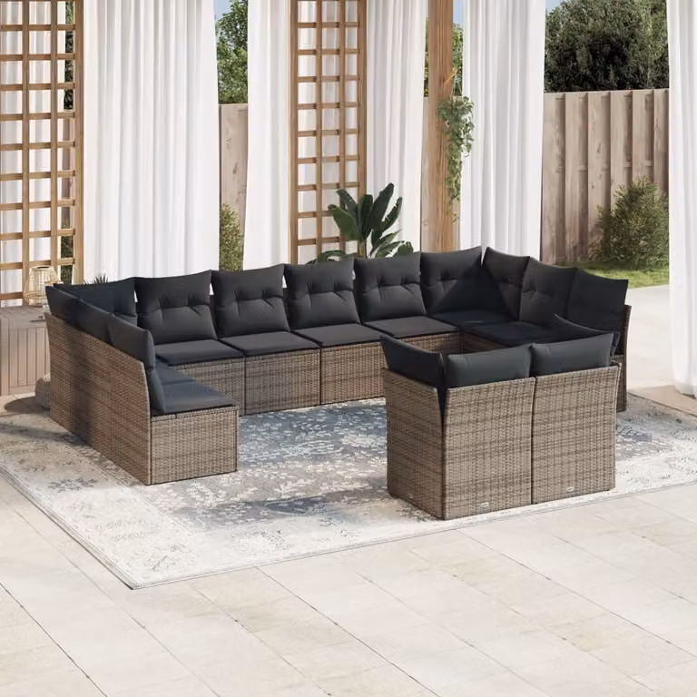 vidaXL Set Divani da Giardino 12 pz a Forma a U in Polyrattan Grigio con Cuscini e Coperture Rimovibili