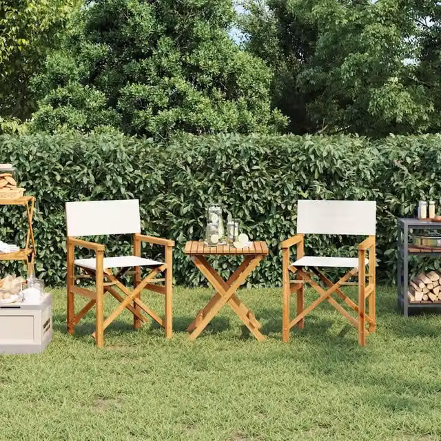 Set di 2 sedie da regista pieghevoli vidaXL in legno di teak con tessuto beige e bianco per giardino e balcone – 1