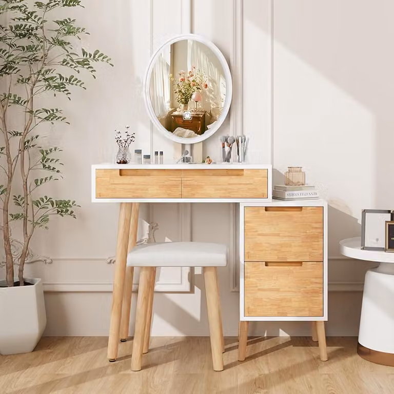 Tavolino da toilette con illuminazione a LED, 4 cassetti, specchio e sgabello - rovere