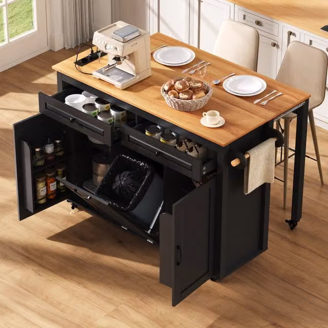 Carrello da cucina su ruote con piano estraibile, prese integrate e vano pattumiera, per cucina e sala da pranzo
