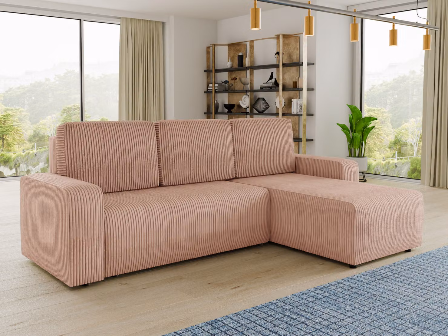 Divano angolare Roma L con funzione letto e box letto - Tessuto a coste - Divano a L, divano imbottito, divano letto, set di divani (Rosa (Poso 052))
