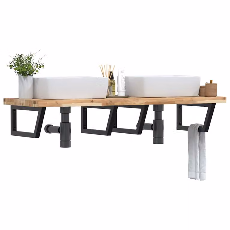 vidaXL Ripiano a Parete per Lavabo in Accacia e Metallo, Nero e Marrone, L: 50 cm, P: 24 cm, H: 50 cm
