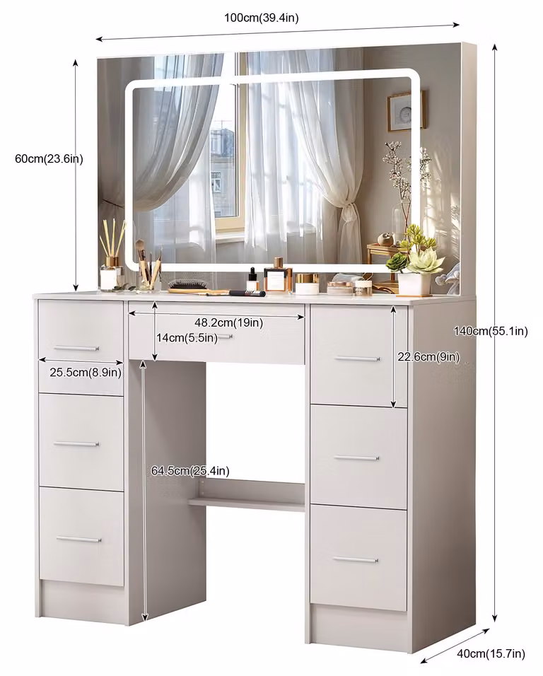 Comò da trucco con specchio a LED - Bianco - Con cassetti - In legno - Design moderno e minimalista