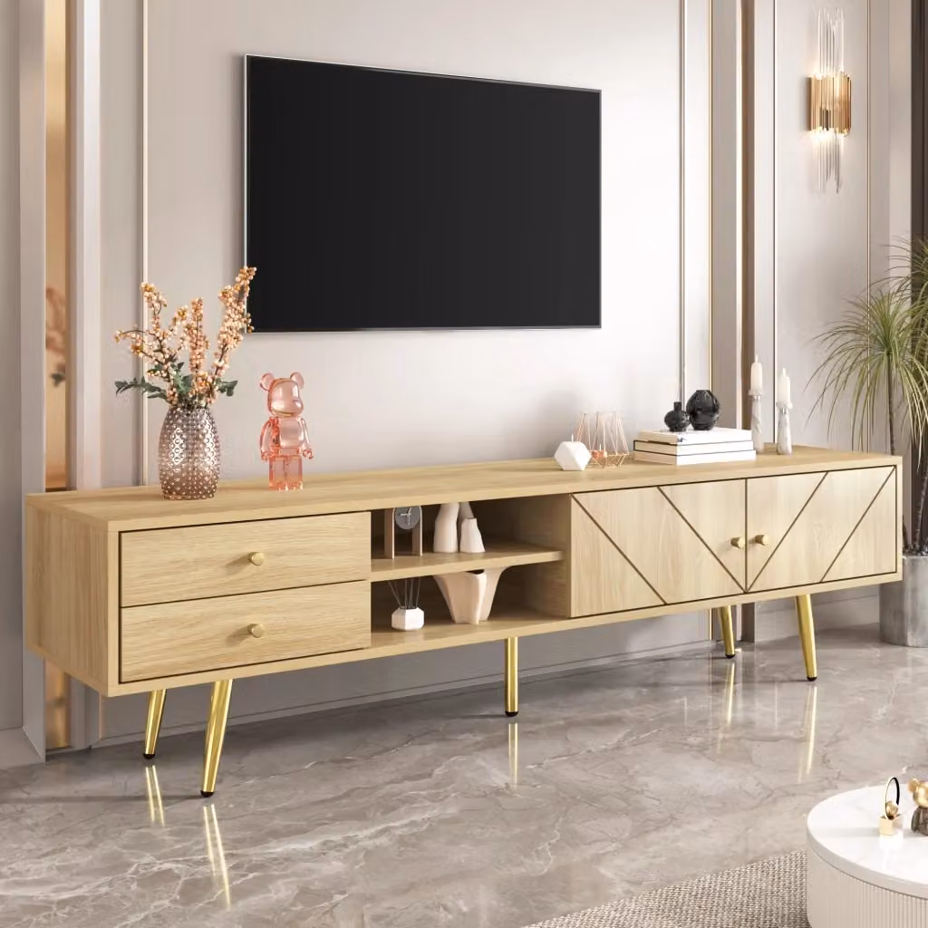 Mobile TV Mivray moderno con due cassetti, ante scanalate e vani aperti, gambe in metallo oro, colore beige e marrone, L: 160 cm, P: 36 cm, H: 42 cm – 2
