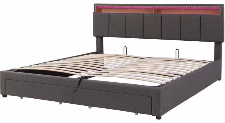 Letto imbottito - 160 x 200 cm - 2 cassetti - Illuminazione LED - Testiera con spazio contenitivo - Grigio scuro