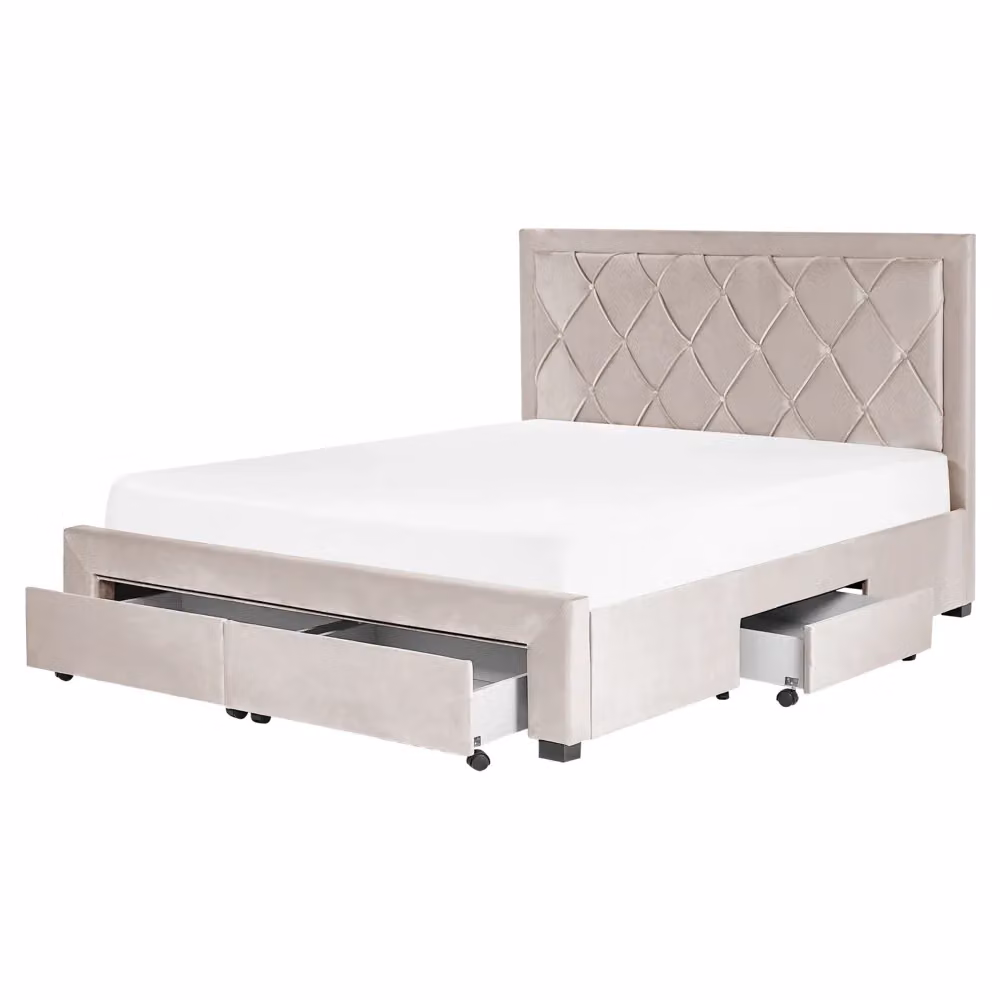 Letto contenitore Glam Design in velluto beige con cassetti e testiera alta trapuntata L/P: 160 x 200 cm – 2