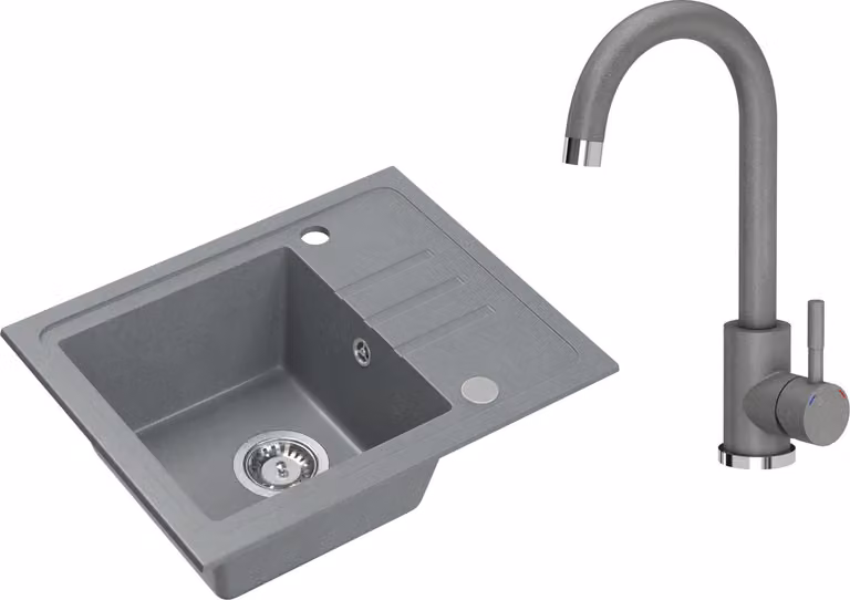 VBChome Lavello in granito grigio con rubinetto 55 x 44 cm Lavello da incasso a vasca singola Maculato Reversibile Lavello in granito Sifone Rubinetto per lavabo Grigio