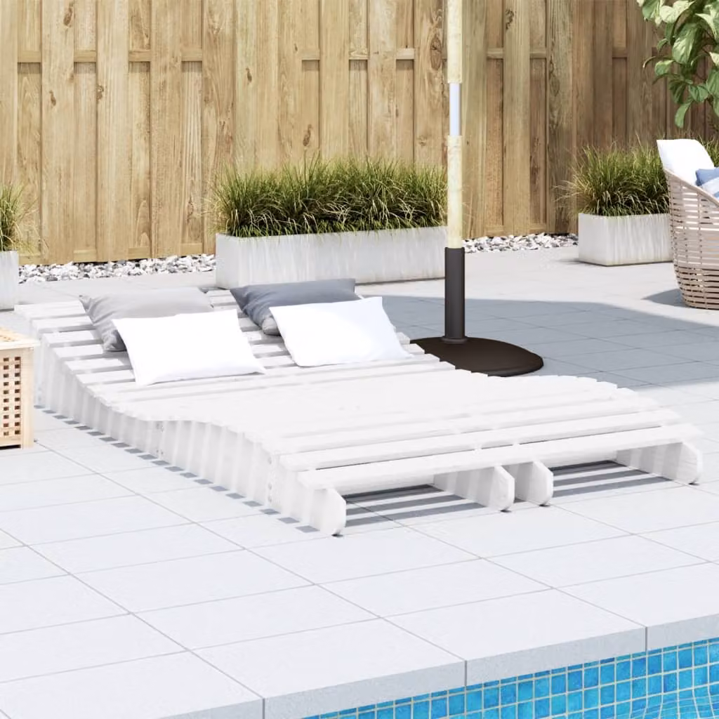 Set di 2 lettini prendisole vidaXL in legno di pino bianco con cuscini impermeabili e design ergonomico L: 205 cm, P: 60 cm, H: 31,5 cm – 1