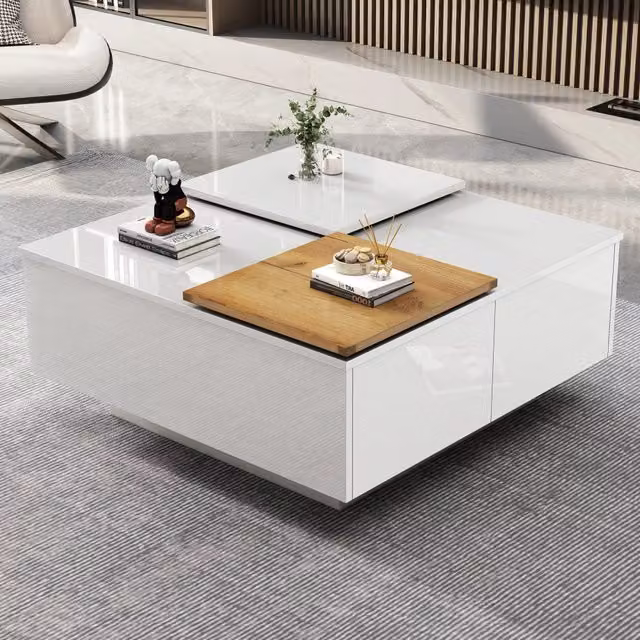 Tavolino da salotto moderno Zephmum bianco lucido con piastra scorrevole L: 75 cm, P: 75 cm, H: 33.5 cm