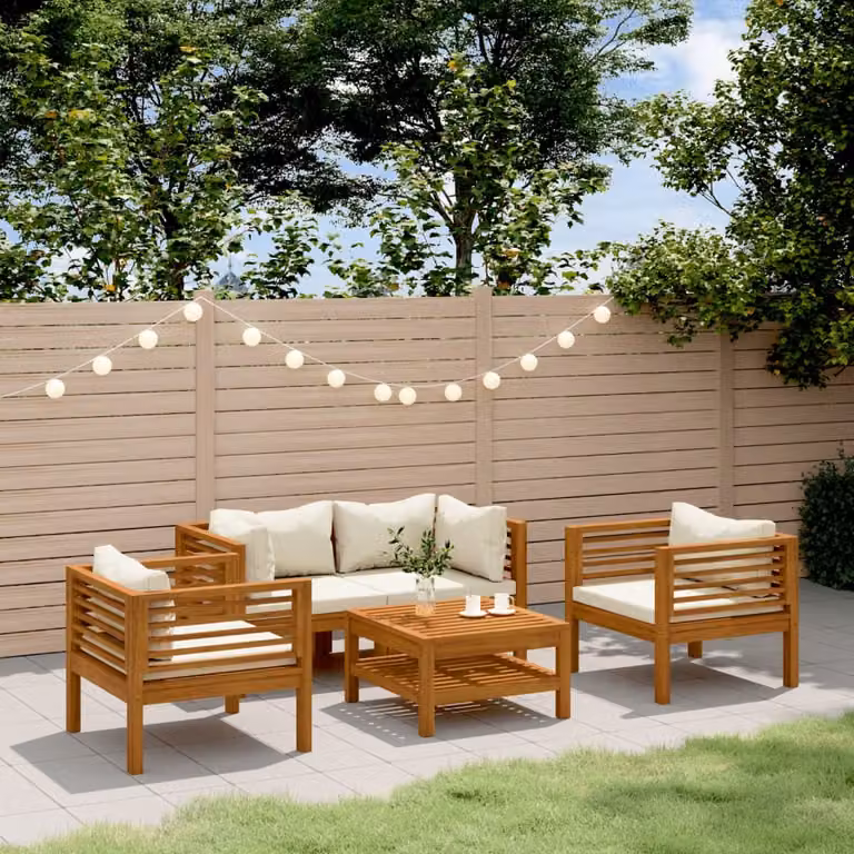 The Living Store Set da salotto da giardino 5 pezzi con cuscini crema Legno massiccio di acacia