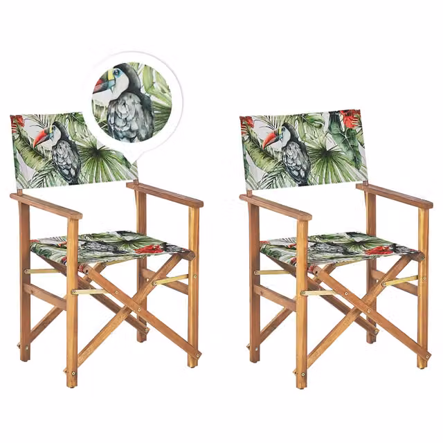 Set di 2 sedie da regista BELIANI in legno di acacia con tessuto intercambiabile bianco sporco e decorazioni floreali
