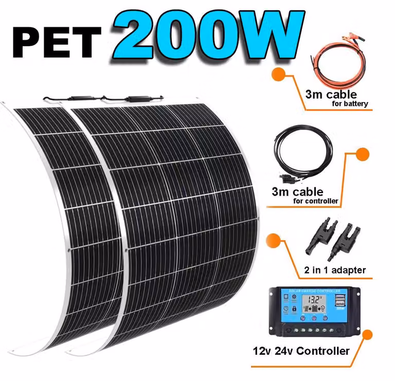 Pannello solare da 200W - Monocristallino, flessibile - Include regolatore di carica - Adatto per barche e giardini