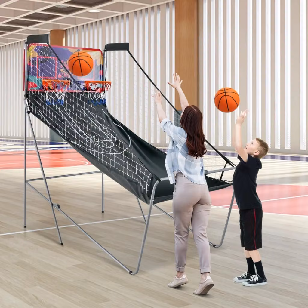 Macchina da pallacanestro arcade Design Mania con doppio tiro pieghevole e punteggio elettronico, Viola – 2