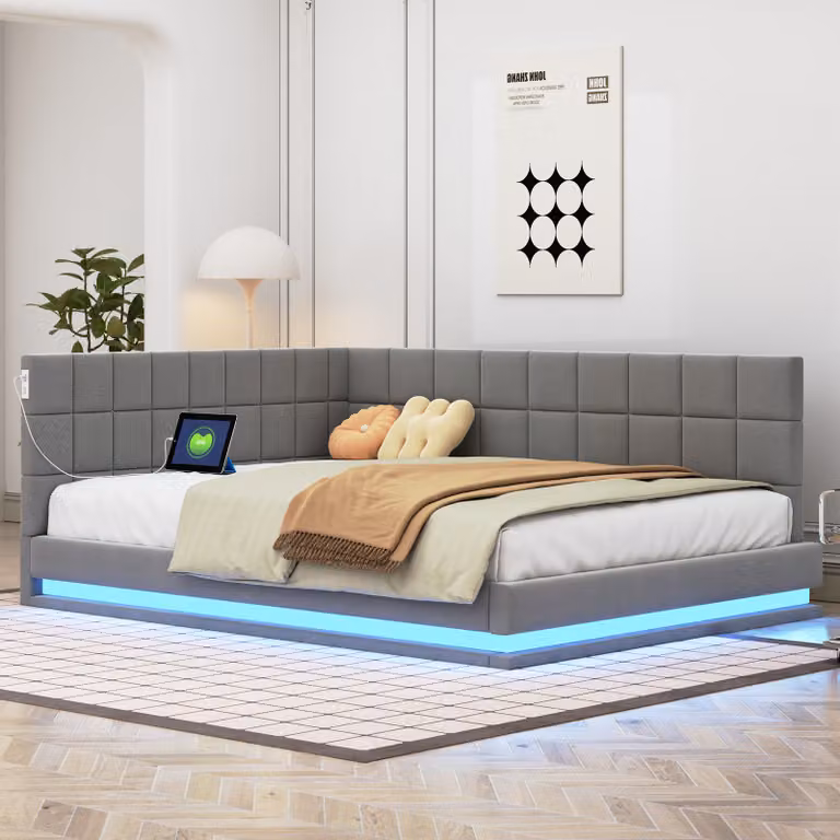 STILVORA Divano letto 140×200 cm, letto matrimoniale imbottito, divano letto con striscia luminosa a LED e presa USB, tessuto in velluto, grigio (con materasso)