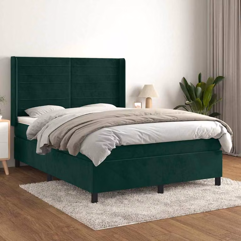 vidaXL Letto Ibrido con Giroletto a Molle e Materasso in Velluto Verde Scuro e Bianco, Struttura in Legno di Larice L/P/H: 140 x 200 x 128 cm