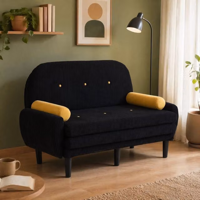 Divano 2 posti 133,5x77x85 cm nero, schienale regolabile, velluto a coste e metallo,