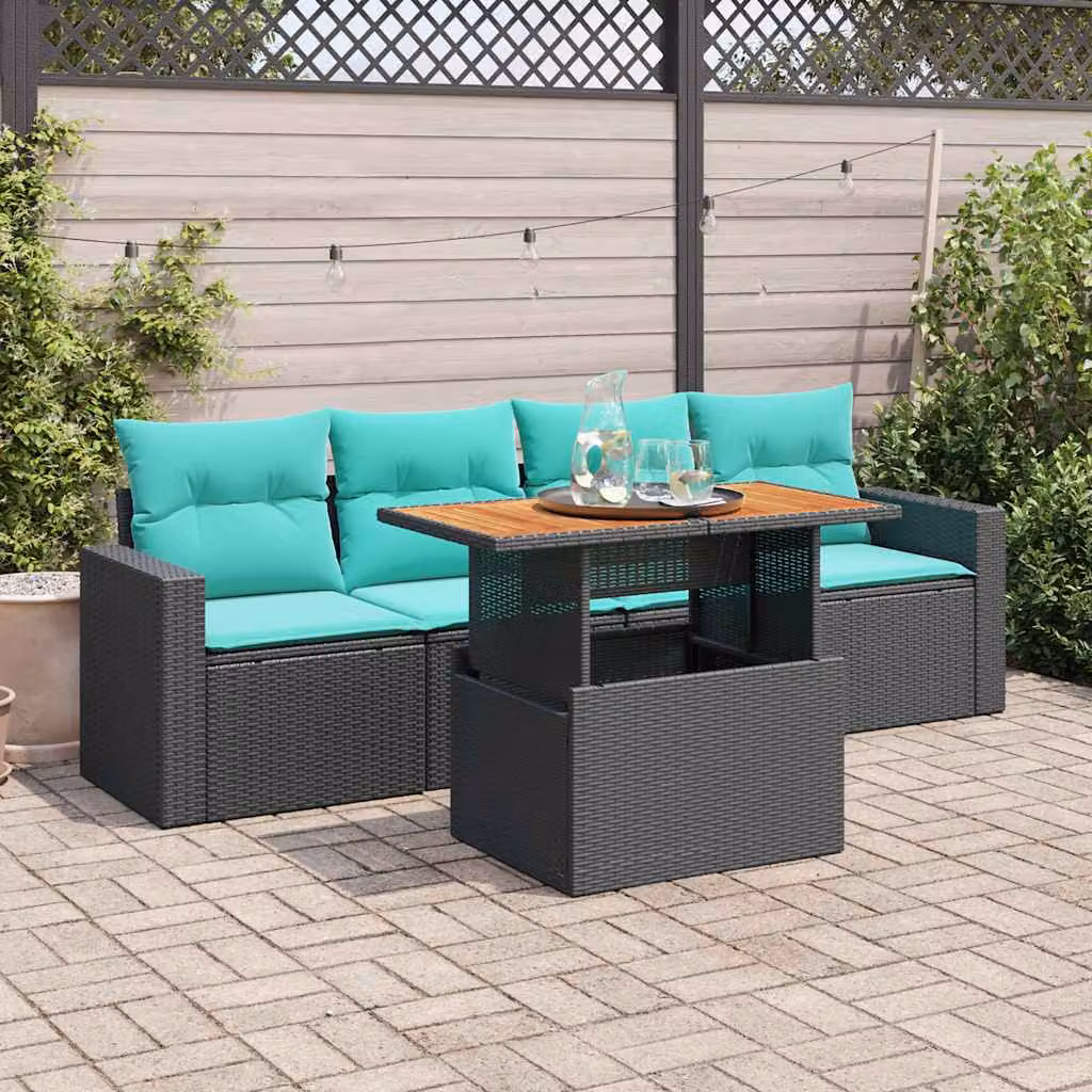 Set Divani da Giardino vidaXL 5 pz in Polyrattan e Legno di Acacia Oliato con Cuscini Nero, Blu e Turchese