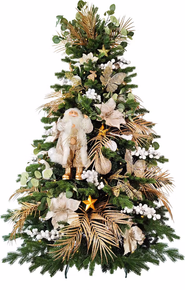 Albero di Natale artificiale decorato con 169 ornamenti CHAMPAGNE DELICATO II 240 cm con supporto e ornamenti natalizi