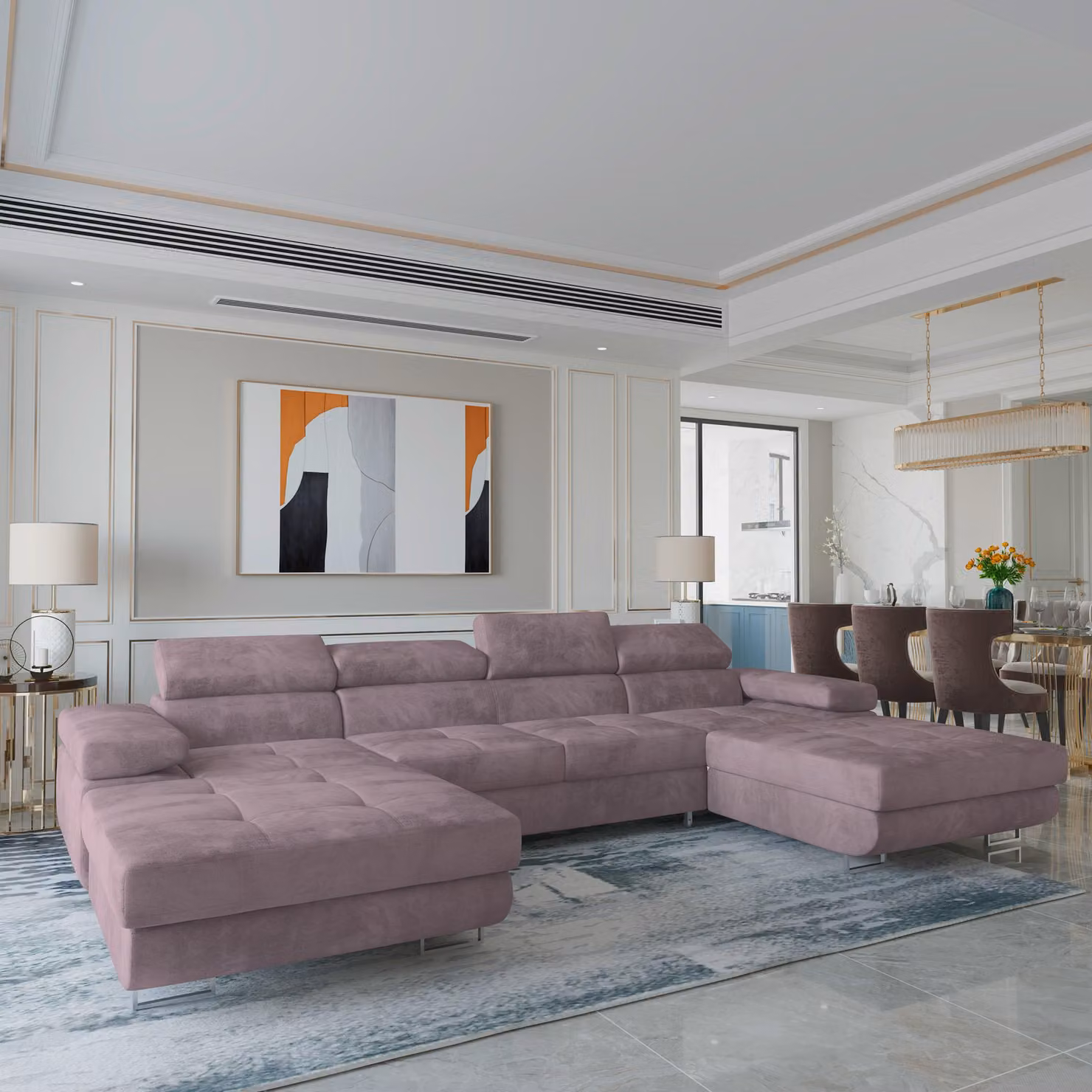 Divano angolare LYKKE di Masseno con funzione letto a U, divano con box letto, divano da salotto, divano, divano letto, set di divani - viola, MONOLITH 62