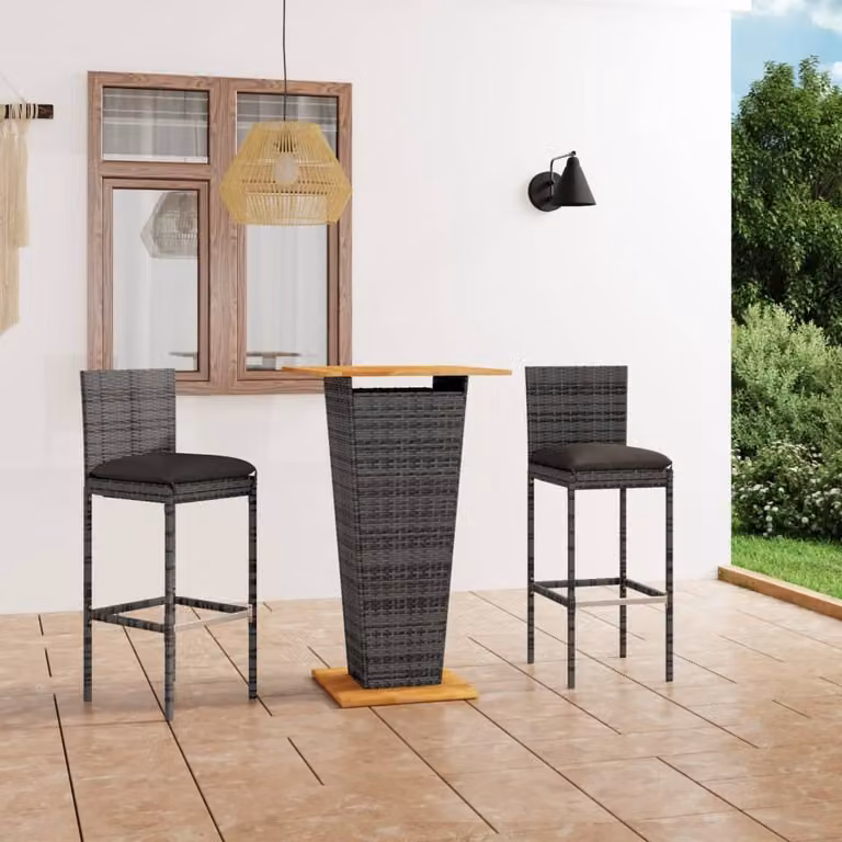 The Living Store Set bar da giardino 3 pezzi con cuscini in poly rattan grigio