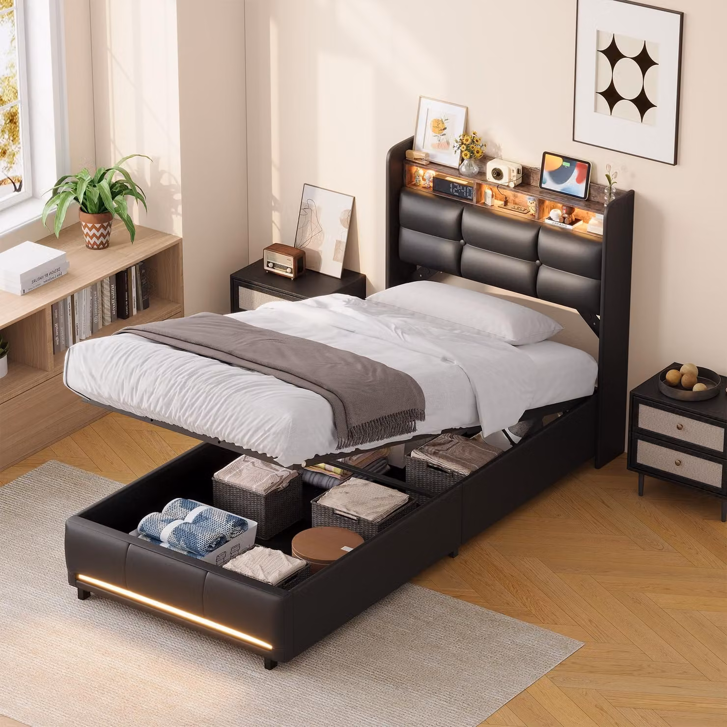 Letto imbottito UnboxG, dimensioni 90x200 cm, con contenitore, sistema di sollevamento idraulico, illuminazione LED, porta USB e rivestito in ecopelle, colore nero