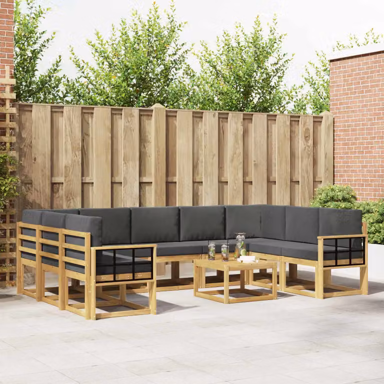 vidaXL Set di divani da esterno 10 pezzi a forma di L con struttura in legno di acacia, colore bianco, antracite e marrone, comprensivo di cuscini e tavolino da caffè