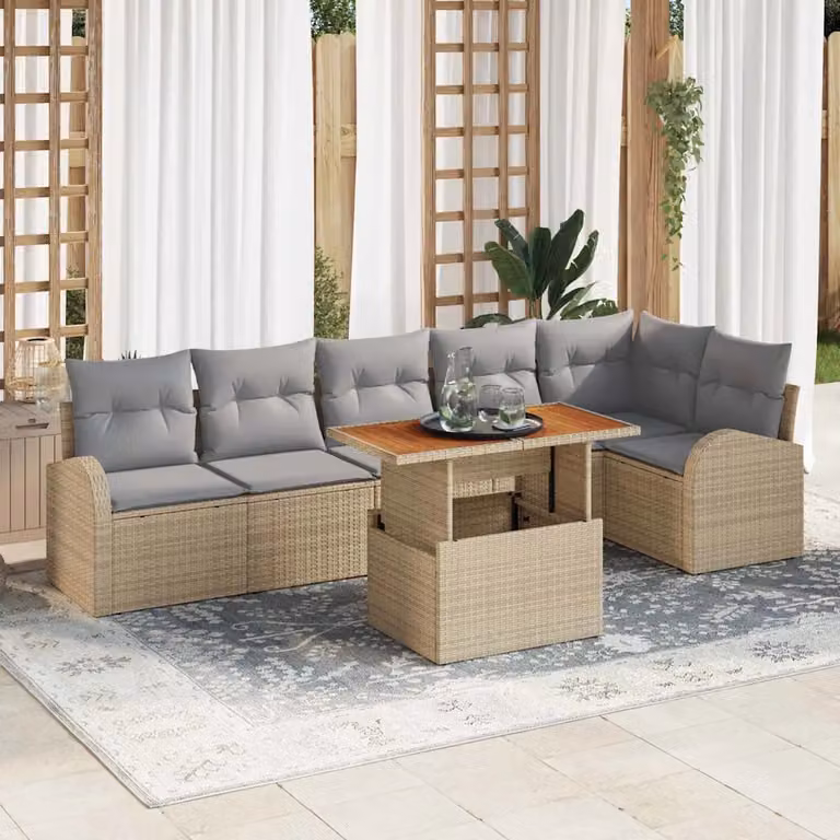 Set Divano da Giardino a L vidaXL 7 Pezzi Beige con Cuscini e Tavolino in Rattan e Metallo
