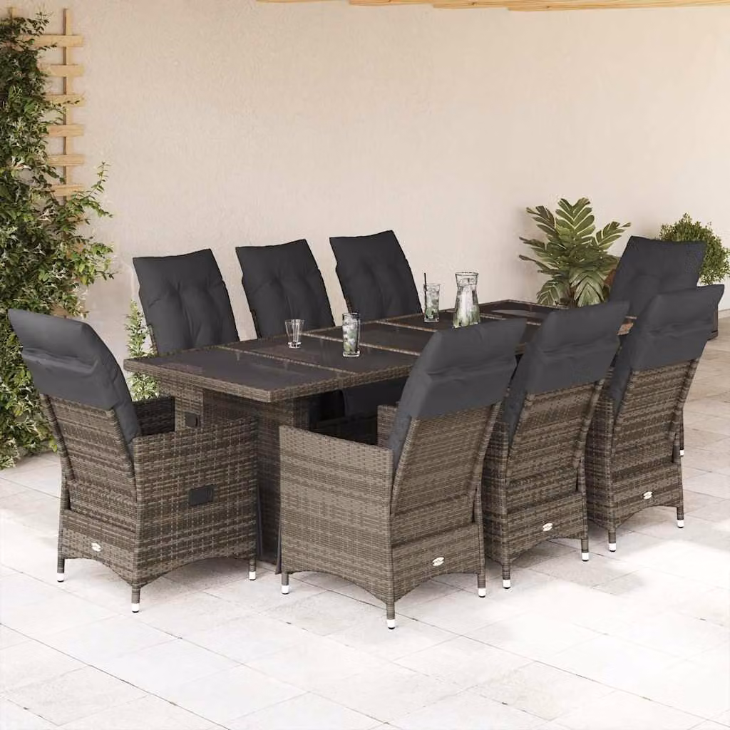 Set Bistrò da Giardino vidaXL 9 pz in Polyrattan e Metallo con Cuscini e Piano in Vetro Grigio