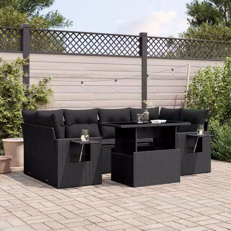 Set Divano da Giardino a L vidaXL in Polyrattan Nero con 7 Cuscini e Tavolino da Esterno