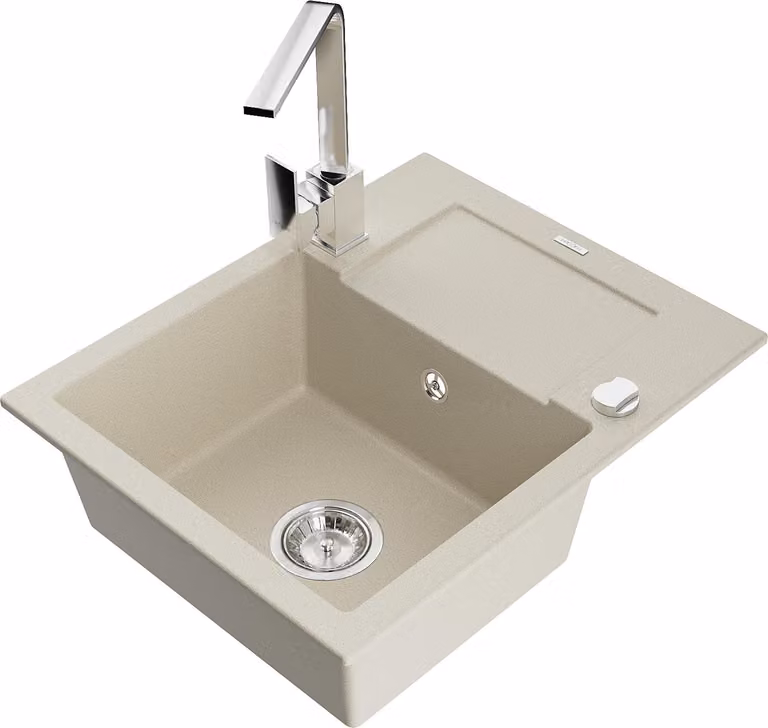 Mexen Enzo lavello in granito a 1 vasca con scolapiatti e rubinetto da cucina Rita, beige - 6506-69-670300-00