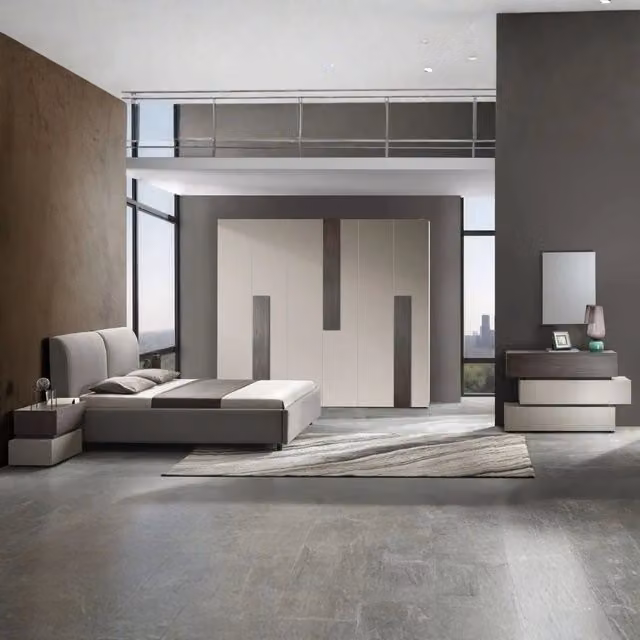 Set camera da letto completa Kendra Veriaffari con armadio 6 ante, letto contenitore imbottito e comodini, colore tortora e noce – 1