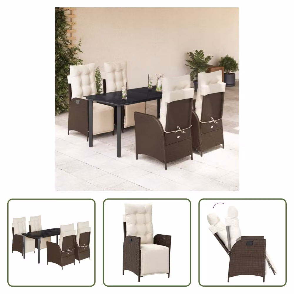 The Living Store Set da pranzo da giardino 5 pezzi con cuscini in polirattan marrone