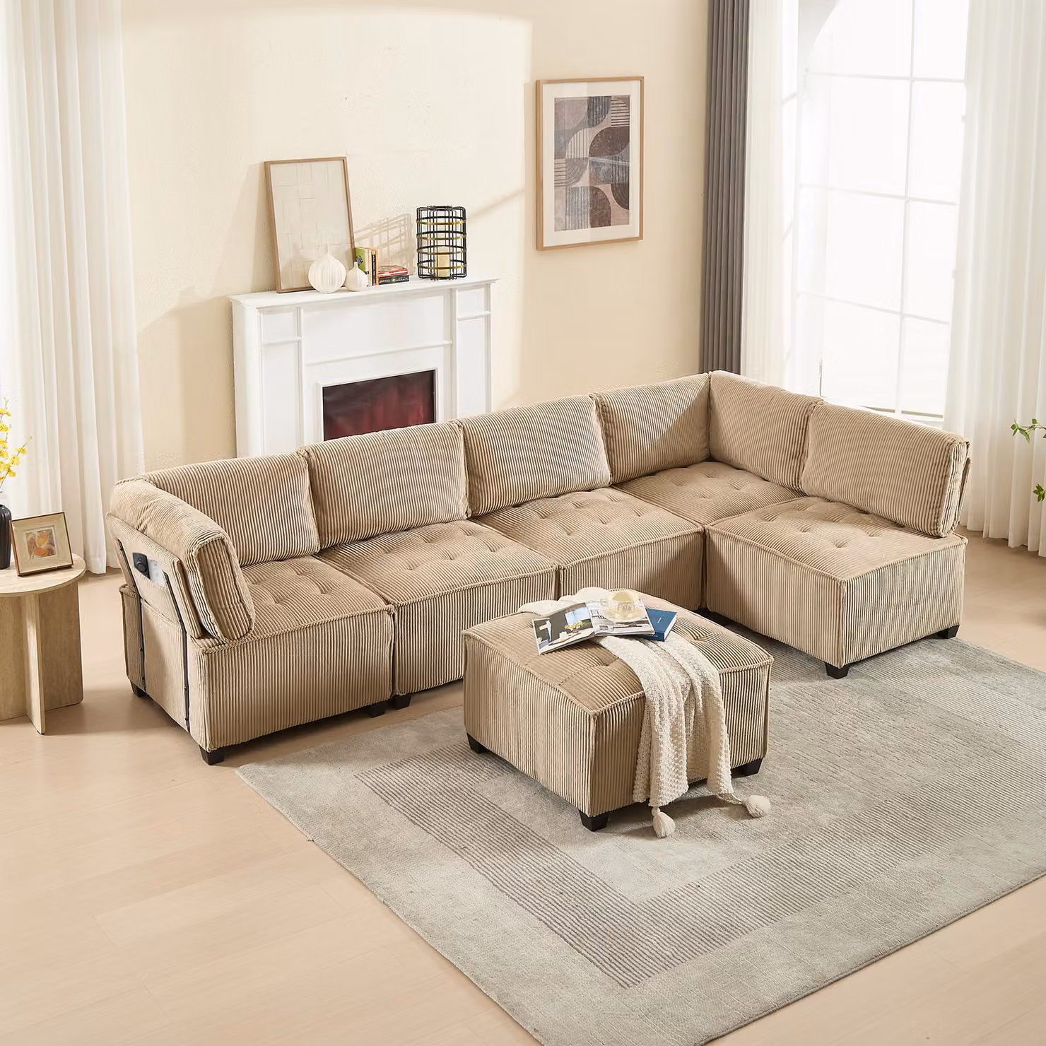 LVHOM Divano modulare a U 308 x 82 x 154 cm, 6 posti con funzione letto, divano angolare modulare in velluto, divano trasformabile in schiuma, set divano, color kaki