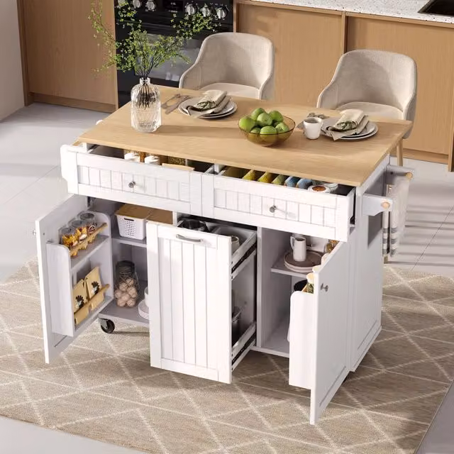 Carrello da cucina moderno OKWISH in legno e MDF bianco, con 2 cassetti, piano estraibile e 5 ruote, L/P/H: 140 x 40 x 92 cm