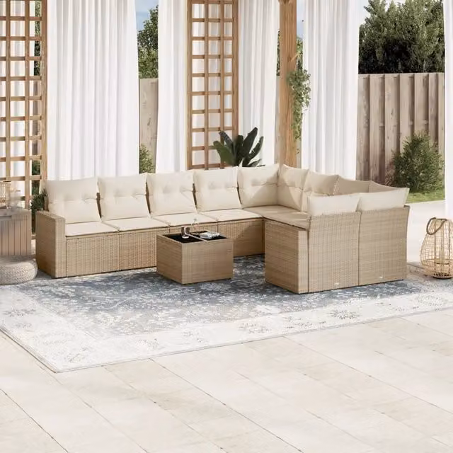 Set Divano da Giardino a L vidaXL in Polyrattan con Cuscini Beige e Tavolino da Esterno 10 Pezzi